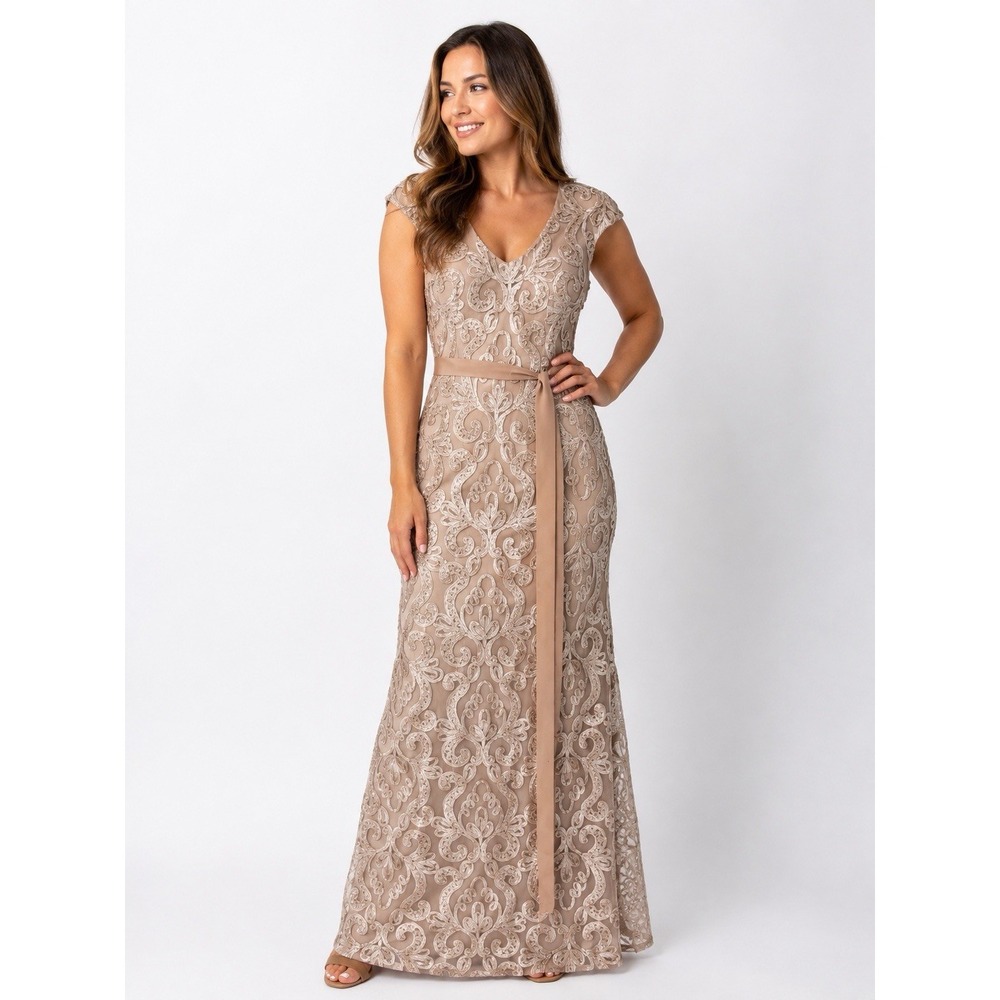 Betsy Adam Metallic Embroidered Evening Gown - Size 6 - NWT Champagne Belted